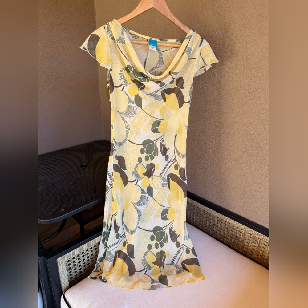YTK Vintage To The Max Yellow Floral Floral Cowl-Neck Midi Dress